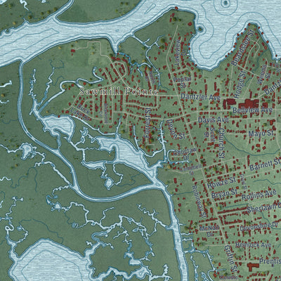 Second close-up of the map of Moss Point, Mississippi print showing more streets and buildings