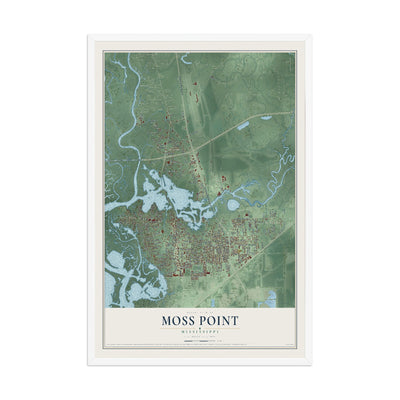 Map of Moss Point, Mississippi, 12 x 18 inch print in a white wood frame