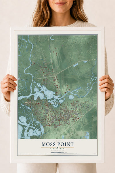 Map of Moss Point, Mississippi, 18 x 24 inch print in a white wood frame