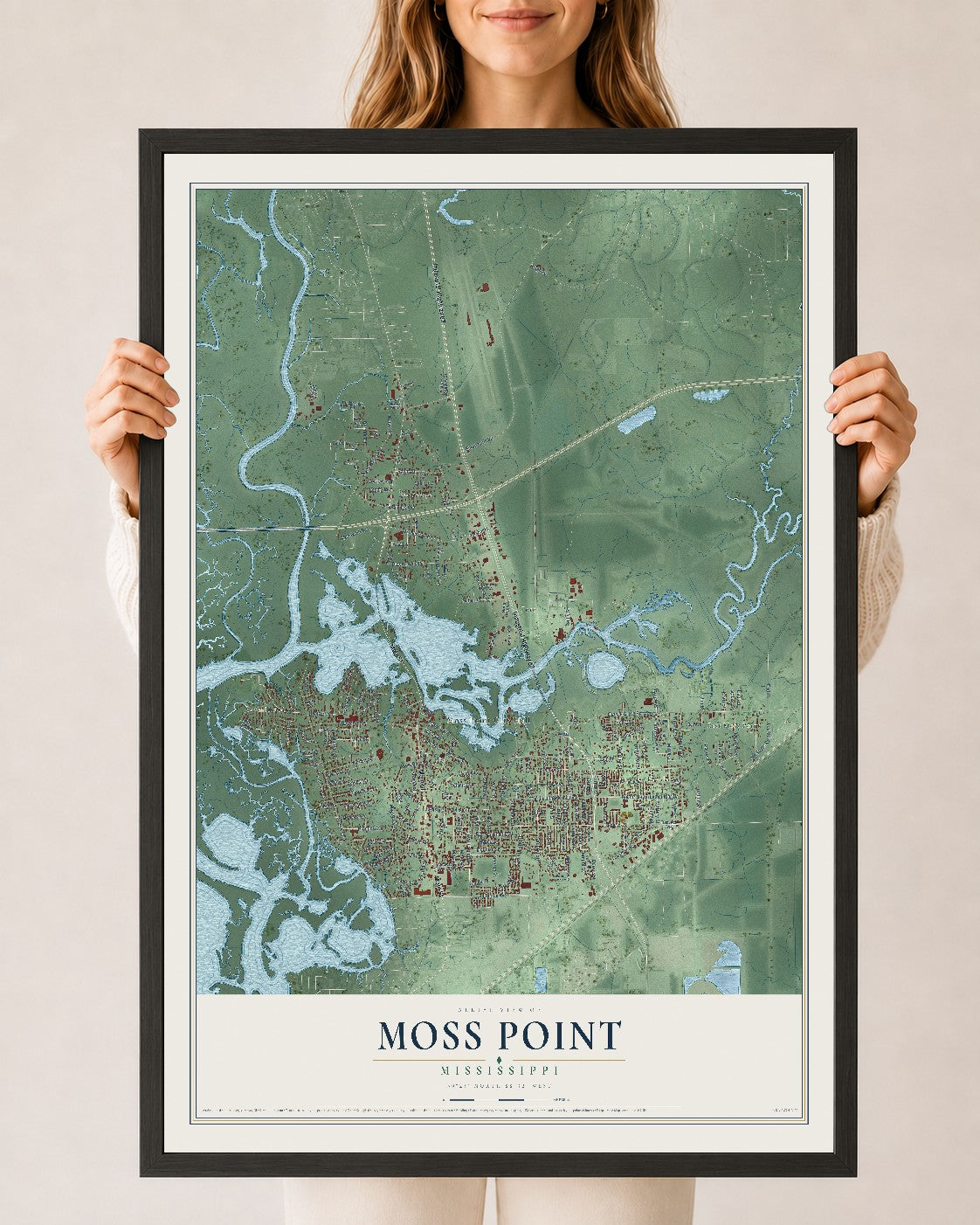 Map of Moss Point, Mississippi, 24 x 36 inch print in a black wood frame