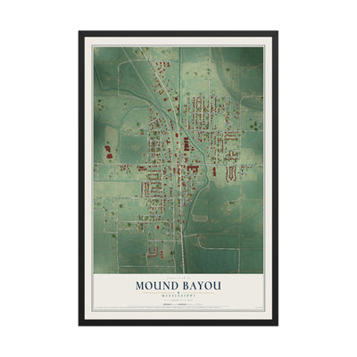 Map of Mound Bayou, Mississippi, 12 x 18 inch print in a black wood frame