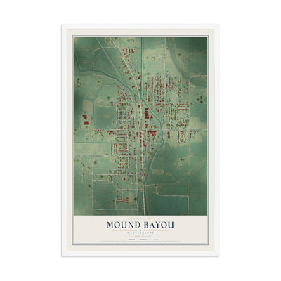Map of Mound Bayou, Mississippi, 12 x 18 inch print in a white wood frame
