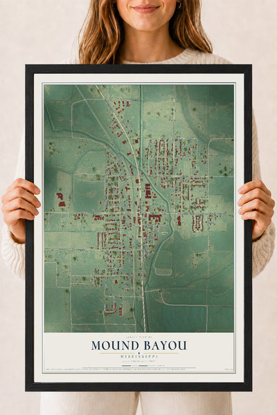 Map of Mound Bayou, Mississippi, 18 x 24 inch print in a black wood frame