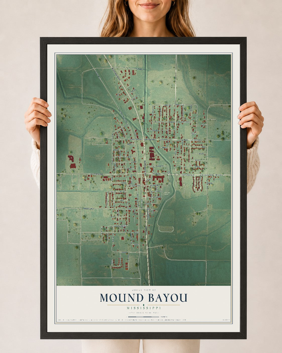 Map of Mound Bayou, Mississippi, 24 x 36 inch print in a black wood frame
