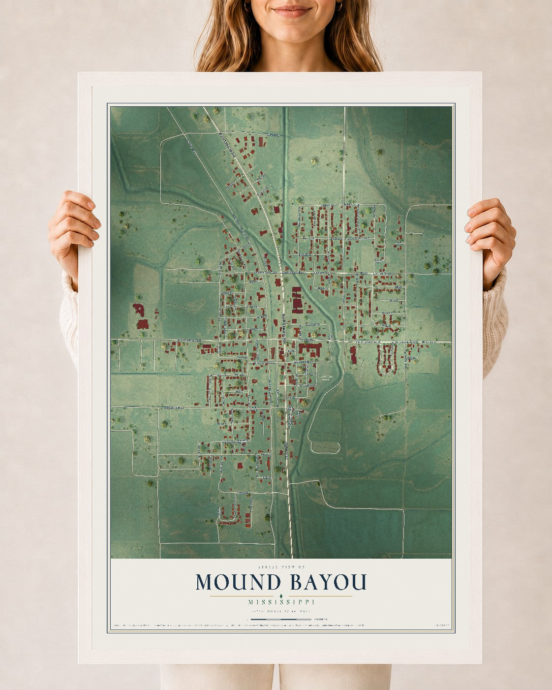 Map of Mound Bayou, Mississippi, 24 x 36 inch print in a white wood frame