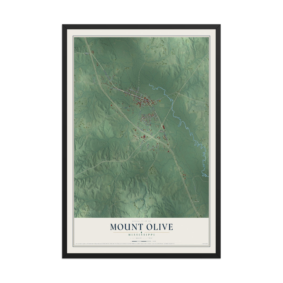 Map of Mount Olive, Mississippi, 12 x 18 inch print in a black wood frame