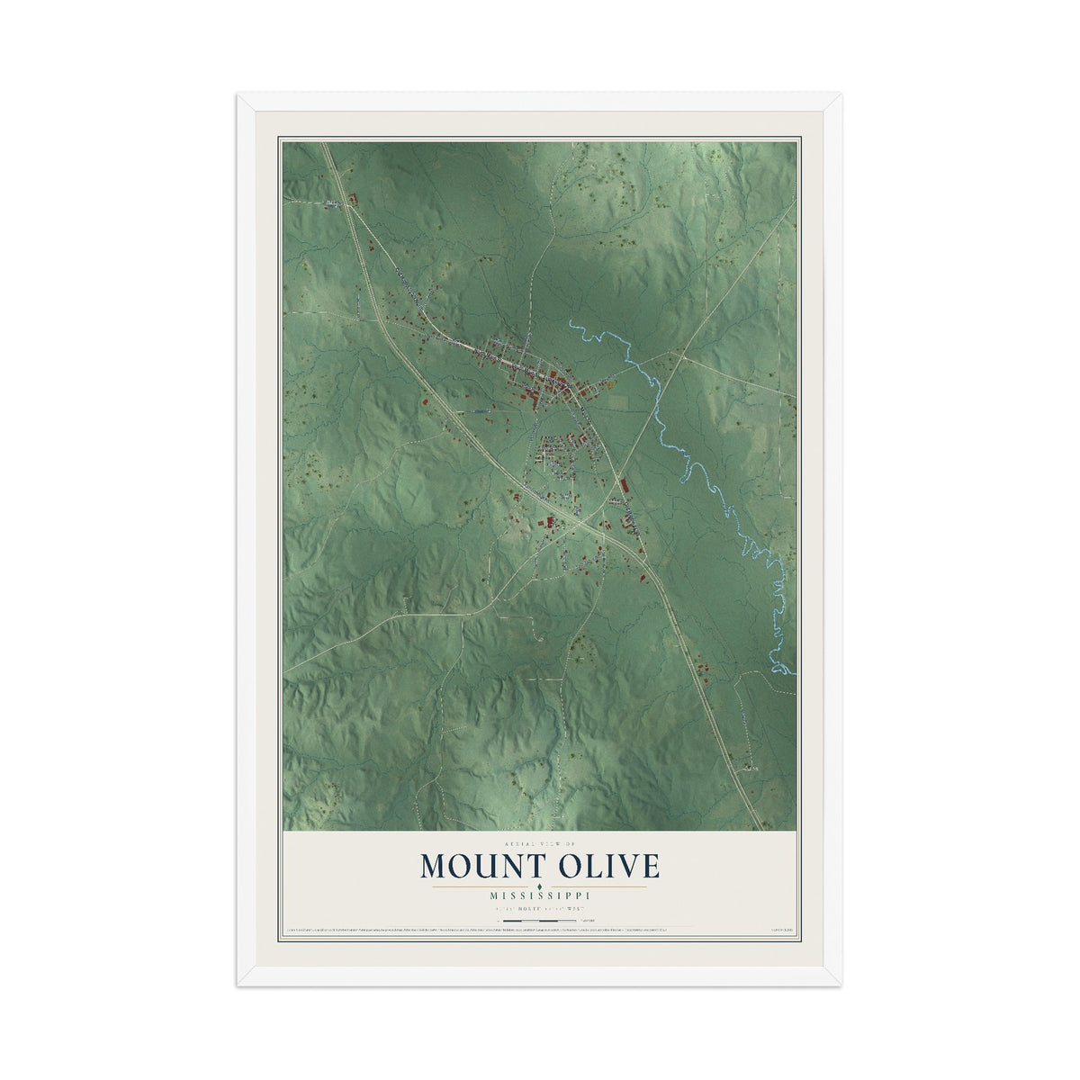 Map of Mount Olive, Mississippi, 12 x 18 inch print in a white wood frame