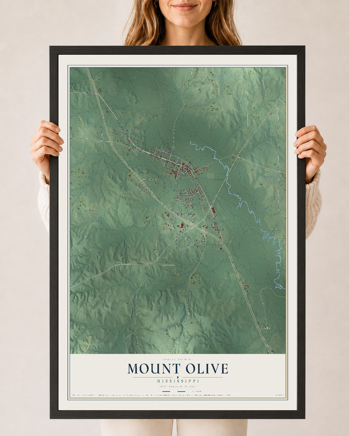 Map of Mount Olive, Mississippi, 24 x 36 inch print in a black wood frame