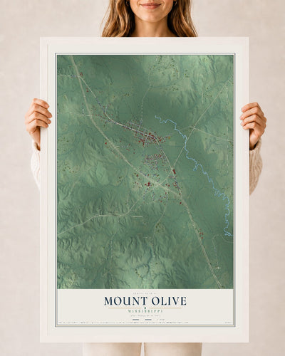 Map of Mount Olive, Mississippi, 24 x 36 inch print in a white wood frame