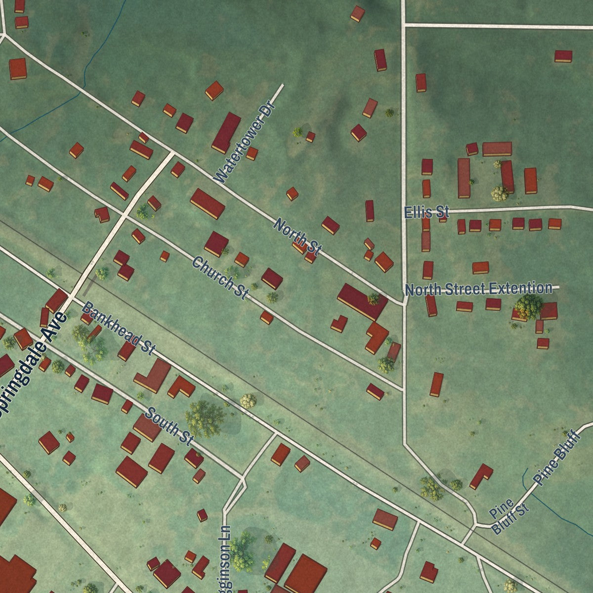 Close-up of the map of Myrtle, Mississippi print showing street and building detail