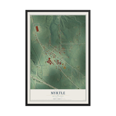 Map of Myrtle, Mississippi, 12 x 18 inch print in a black wood frame