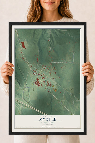 Map of Myrtle, Mississippi, 18 x 24 inch print in a black wood frame