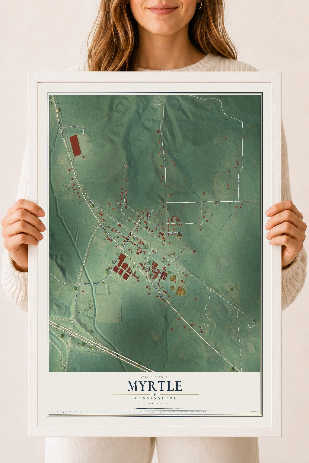 Map of Myrtle, Mississippi, 18 x 24 inch print in a white wood frame
