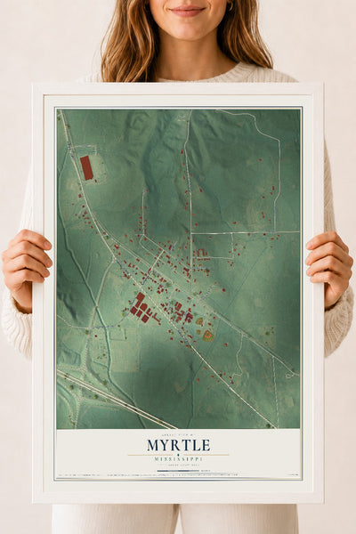 Map of Myrtle, Mississippi, 18 x 24 inch print in a white wood frame