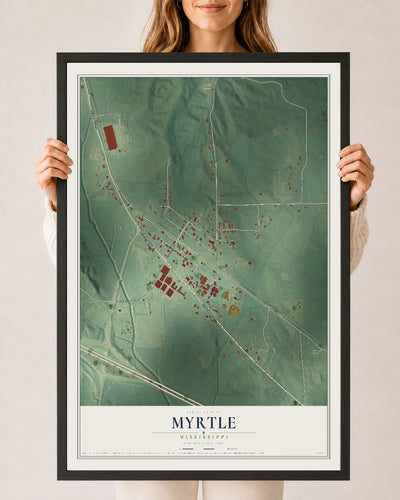 Map of Myrtle, Mississippi, 24 x 36 inch print in a black wood frame