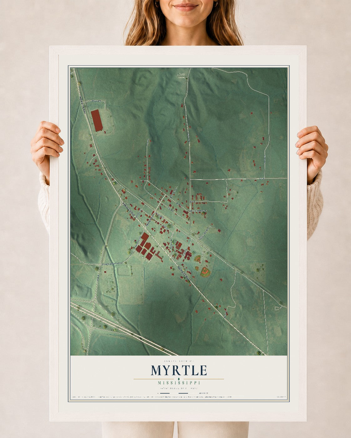 Map of Myrtle, Mississippi, 24 x 36 inch print in a white wood frame