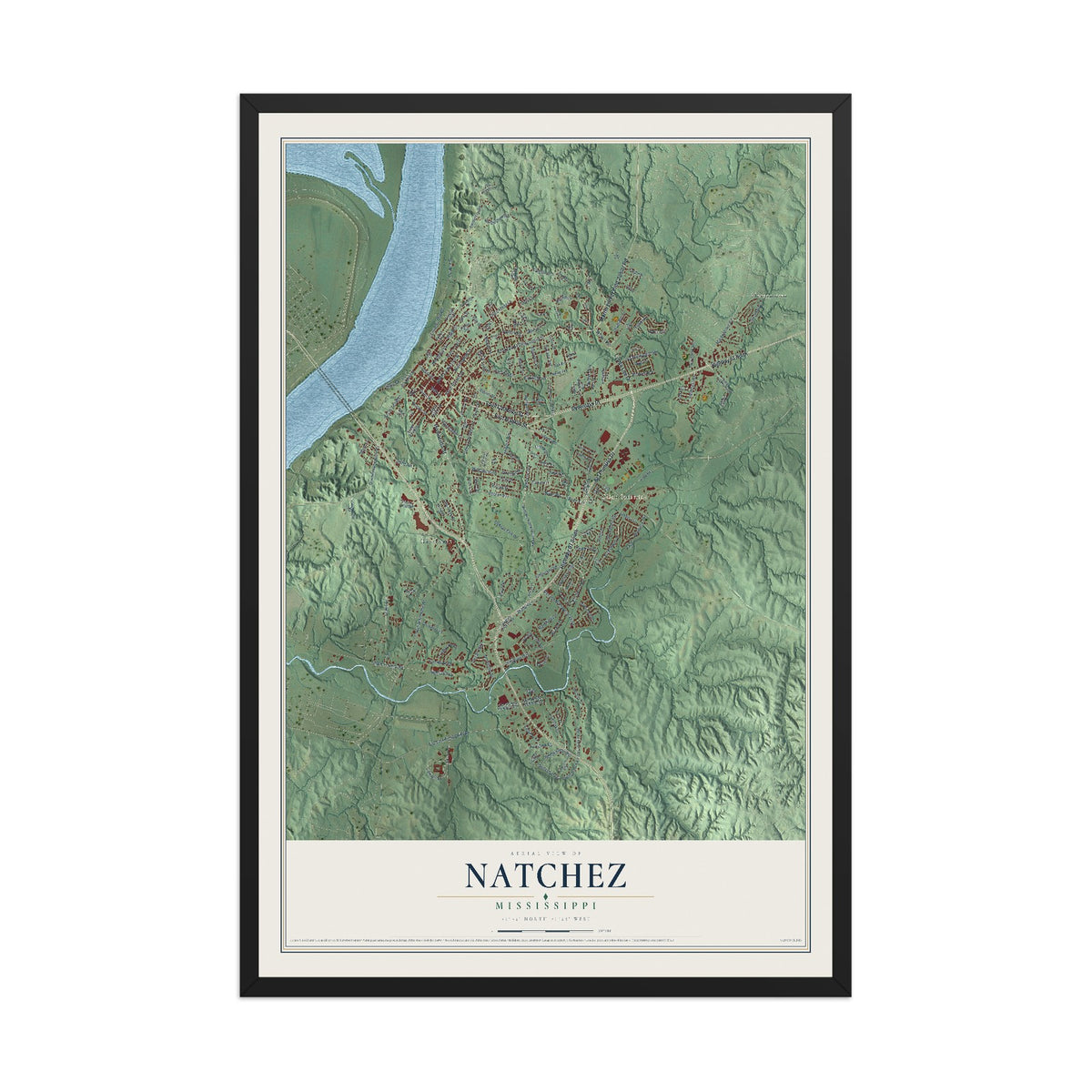 Map of Natchez, Mississippi, 12 x 18 inch print in a black wood frame