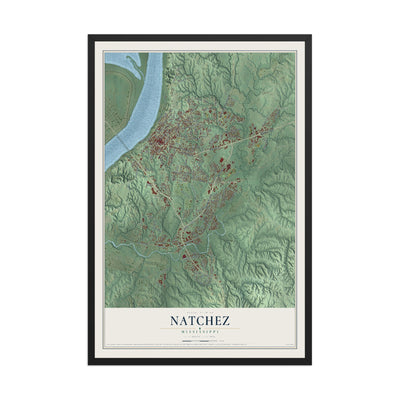 Map of Natchez, Mississippi, 12 x 18 inch print in a black wood frame