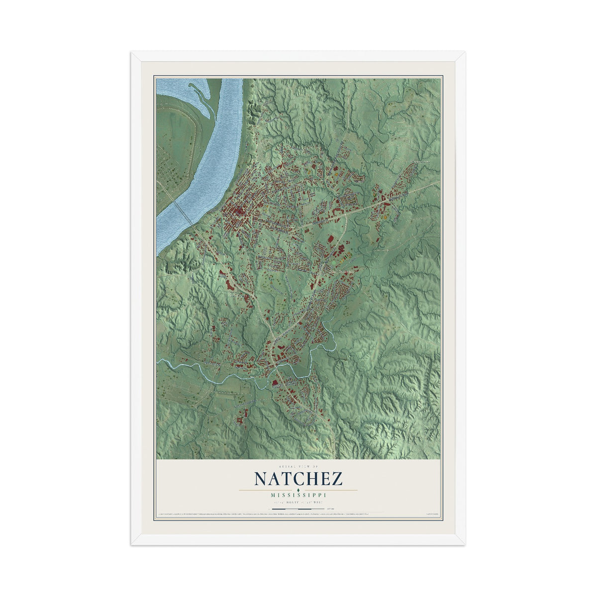 Map of Natchez, Mississippi, 12 x 18 inch print in a white wood frame