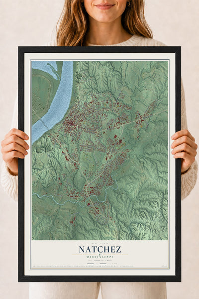 Map of Natchez, Mississippi, 18 x 24 inch print in a black wood frame