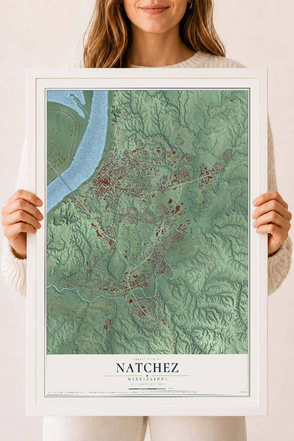 Map of Natchez, Mississippi, 18 x 24 inch print in a white wood frame
