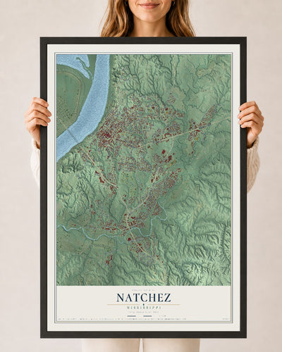 Map of Natchez, Mississippi, 24 x 36 inch print in a black wood frame