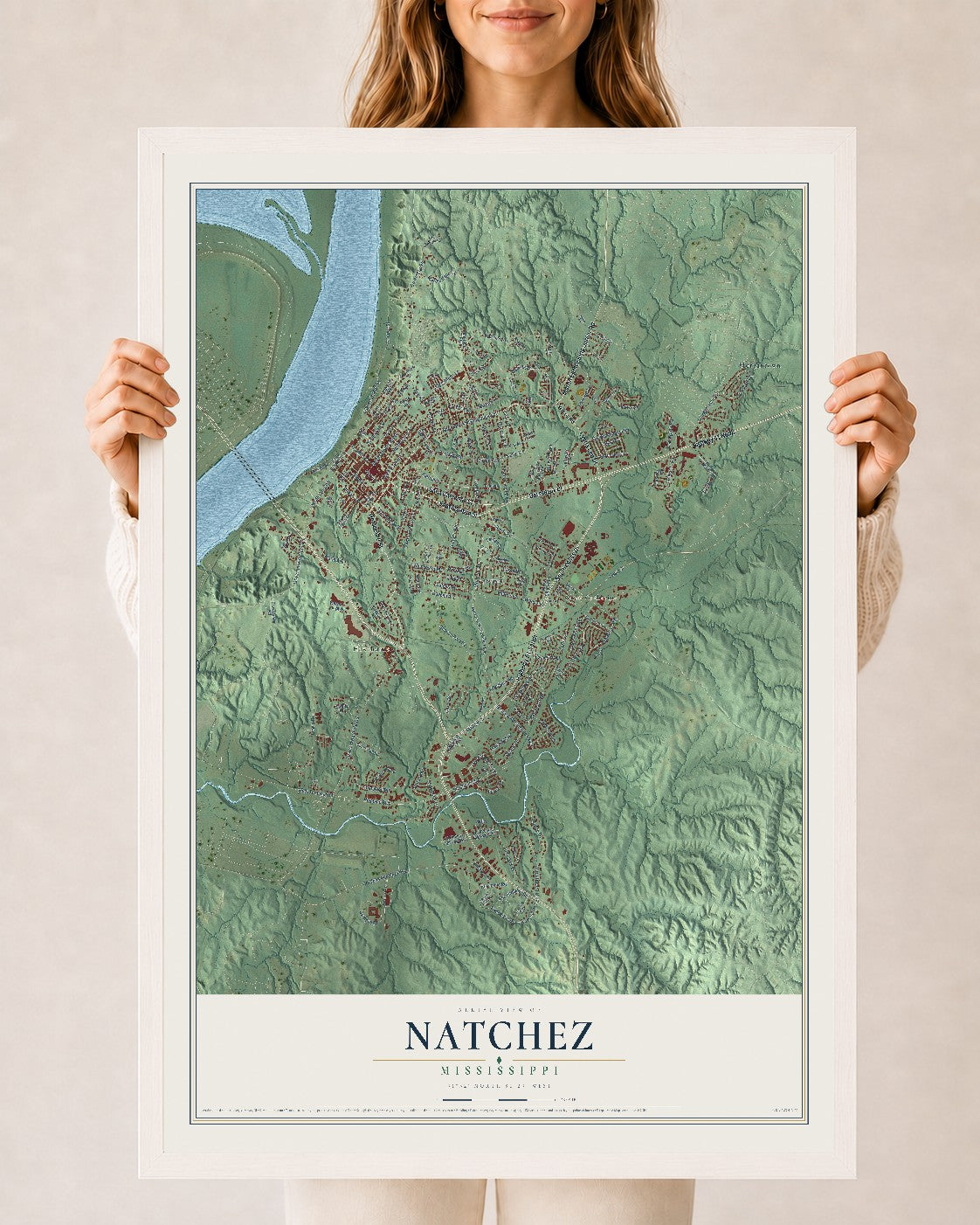 Map of Natchez, Mississippi, 24 x 36 inch print in a white wood frame