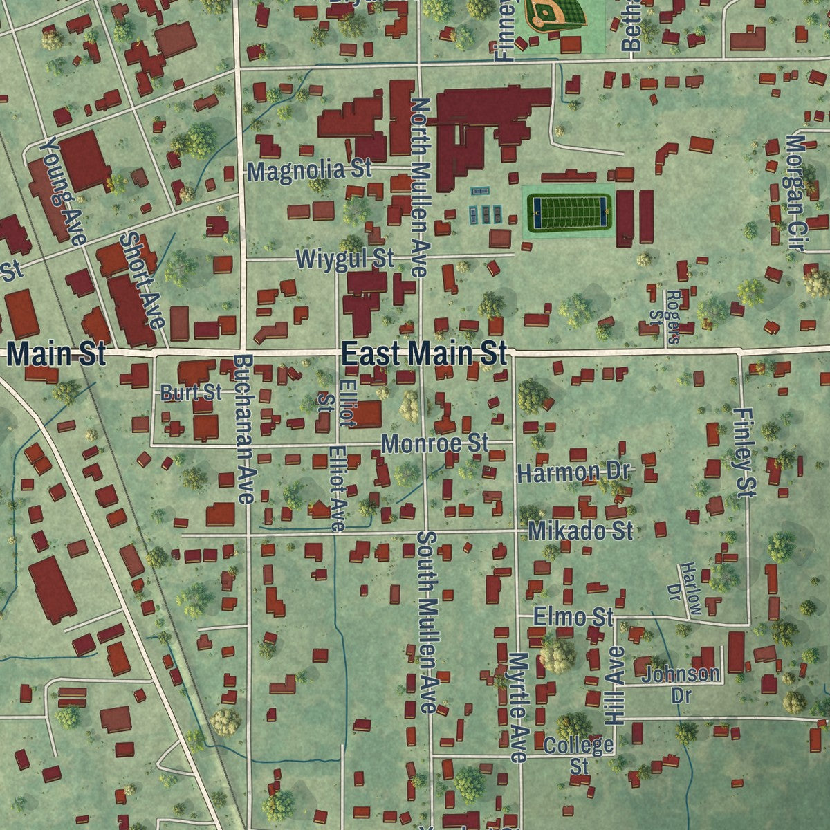 Close-up of the map of Nettleton, Mississippi print showing street and building detail