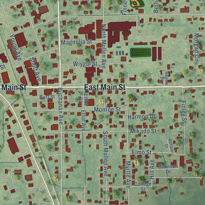 Close-up of the map of Nettleton, Mississippi print showing street and building detail