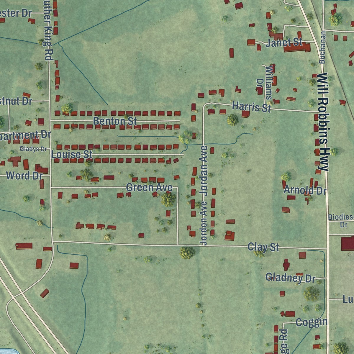 Second close-up of the map of Nettleton, Mississippi print showing more streets and buildings
