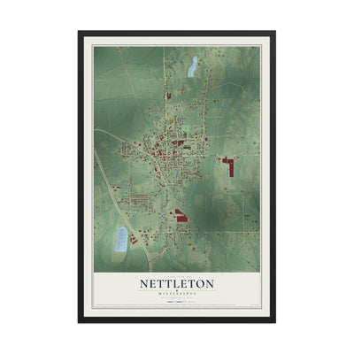 Map of Nettleton, Mississippi, 12 x 18 inch print in a black wood frame