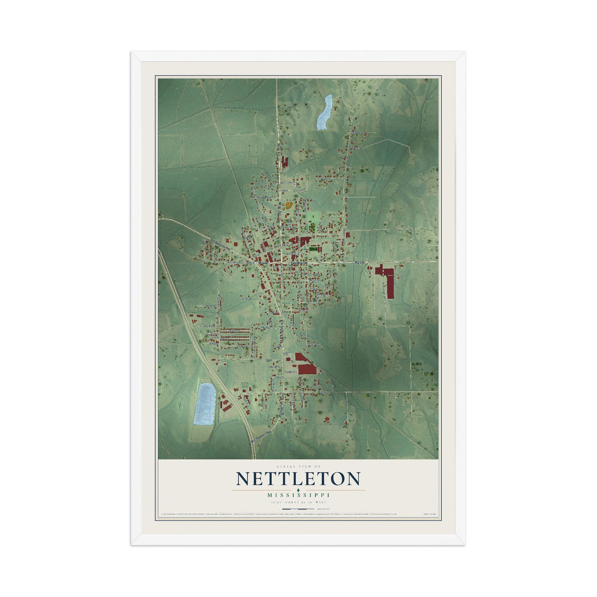 Map of Nettleton, Mississippi, 12 x 18 inch print in a white wood frame