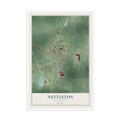 Map of Nettleton, Mississippi, 12 x 18 inch print in a white wood frame