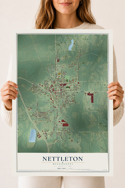 Map of Nettleton, Mississippi, 18 x 24 inch unframed archival matte print
