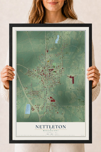 Map of Nettleton, Mississippi, 18 x 24 inch print in a black wood frame