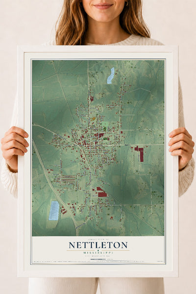 Map of Nettleton, Mississippi, 18 x 24 inch print in a white wood frame
