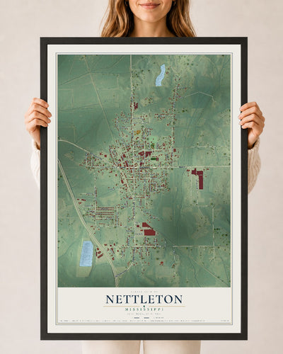 Map of Nettleton, Mississippi, 24 x 36 inch print in a black wood frame