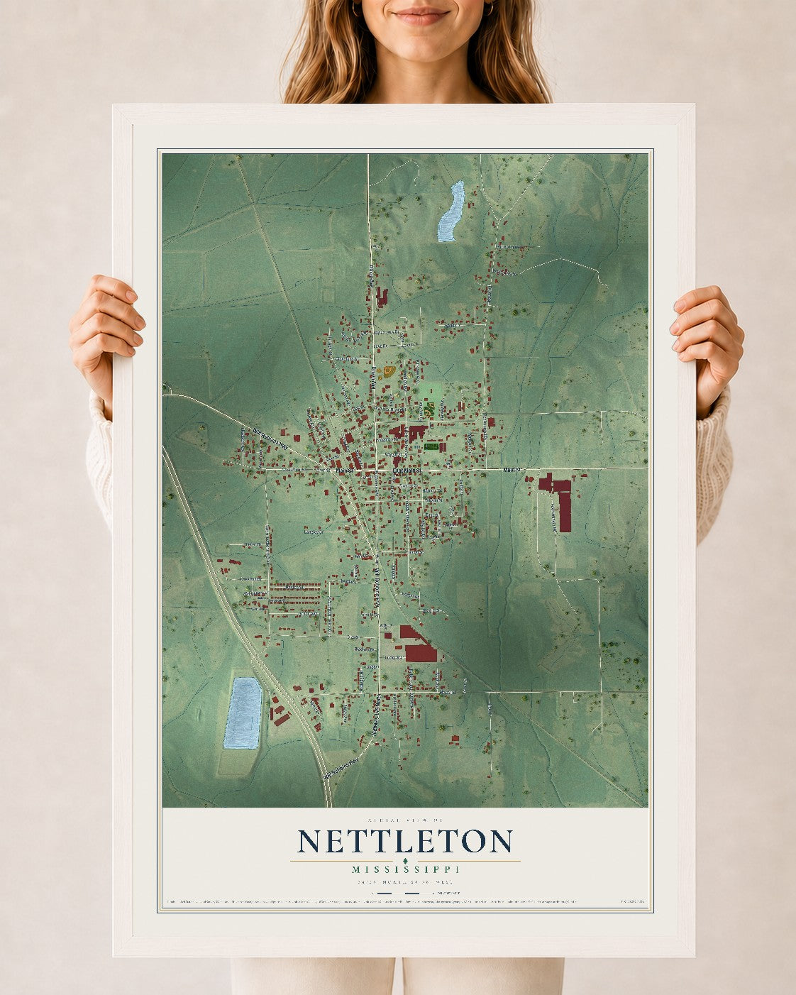 Map of Nettleton, Mississippi, 24 x 36 inch print in a white wood frame