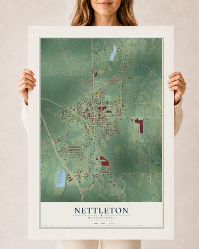 Map of Nettleton, Mississippi, 24 x 36 inch print in a white wood frame