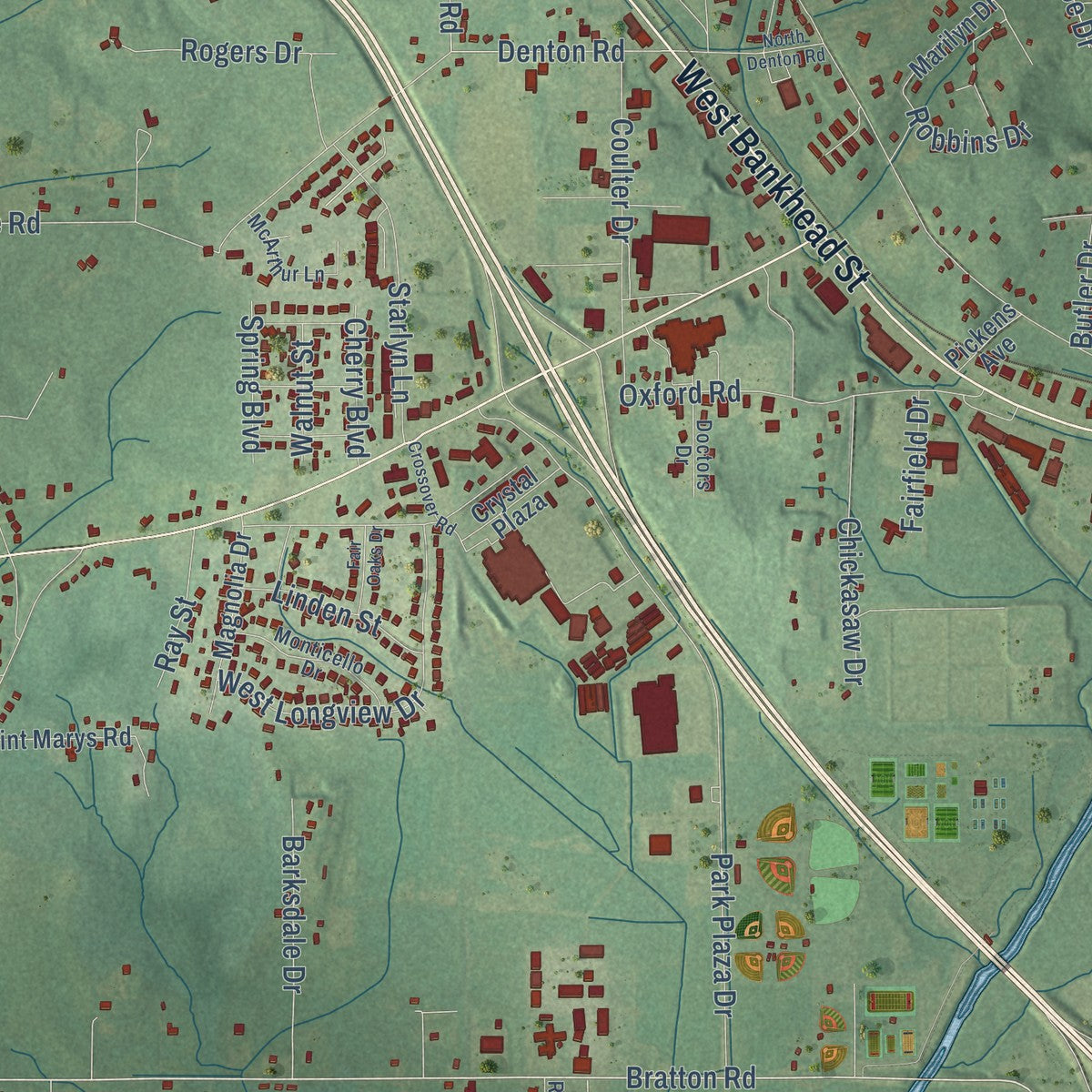 Second close-up of the map of New Albany, Mississippi print showing more streets and buildings