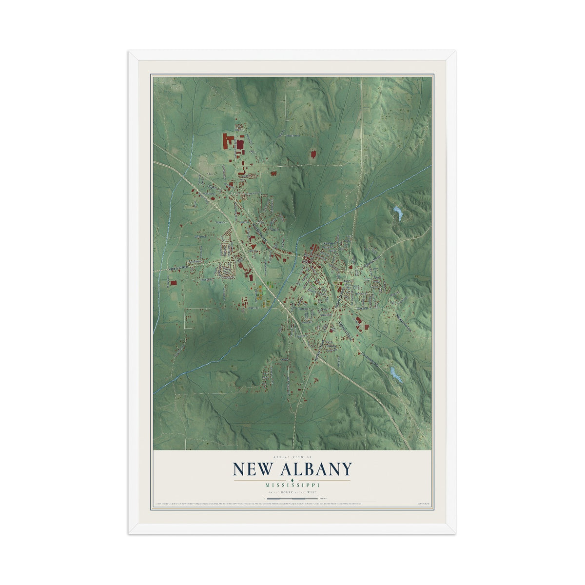 Map of New Albany, Mississippi, 12 x 18 inch print in a white wood frame