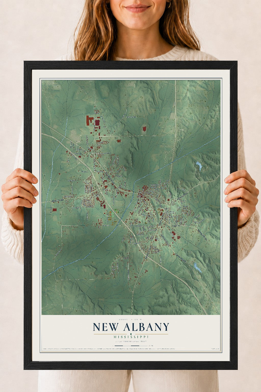Map of New Albany, Mississippi, 18 x 24 inch print in a black wood frame