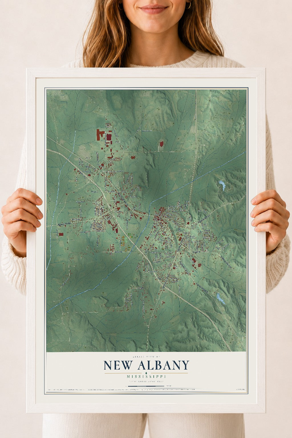 Map of New Albany, Mississippi, 18 x 24 inch print in a white wood frame