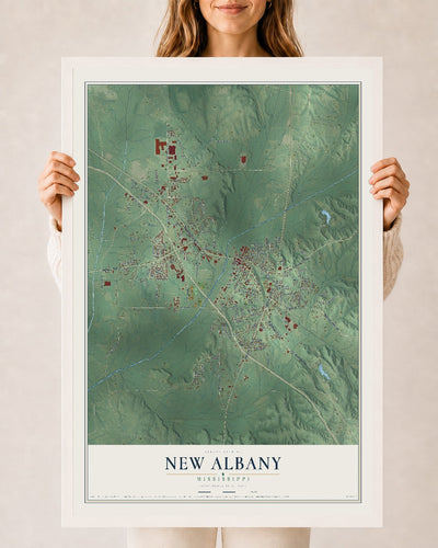 Map of New Albany, Mississippi, 24 x 36 inch print in a white wood frame