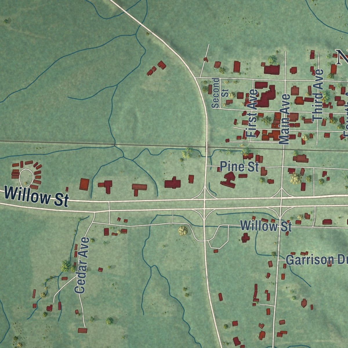 Close-up of the map of New Augusta, Mississippi print showing street and building detail