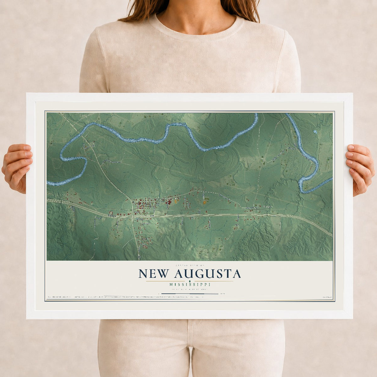 Map of New Augusta, Mississippi, 12 x 18 inch print in a white wood frame