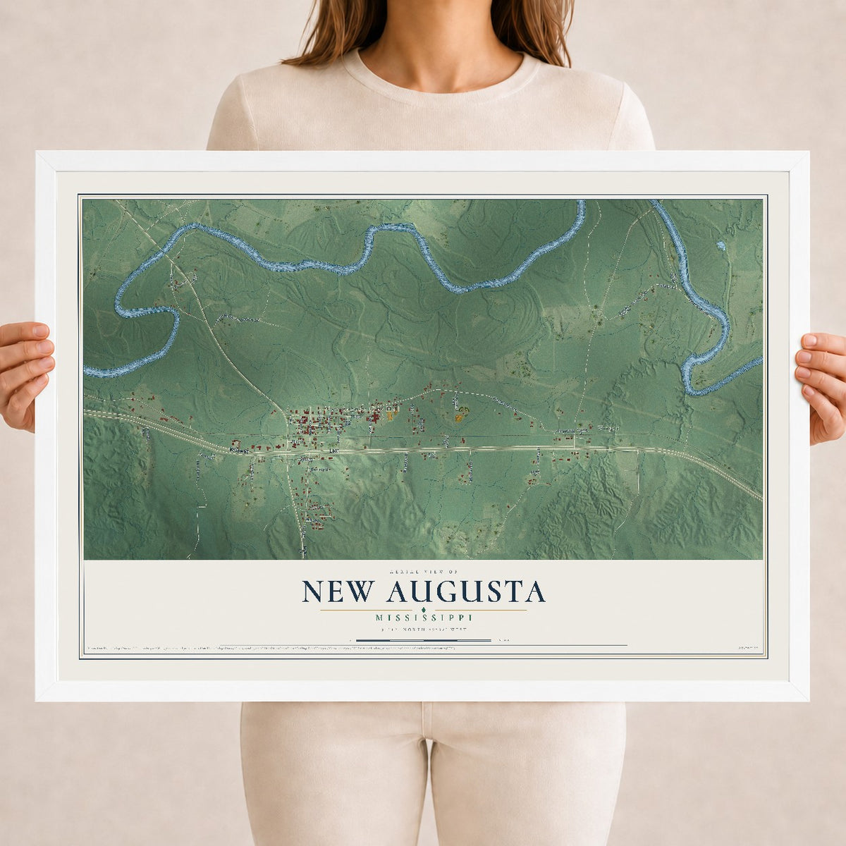 Map of New Augusta, Mississippi, 18 x 24 inch print in a white wood frame