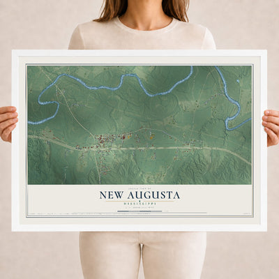 Map of New Augusta, Mississippi, 18 x 24 inch print in a white wood frame