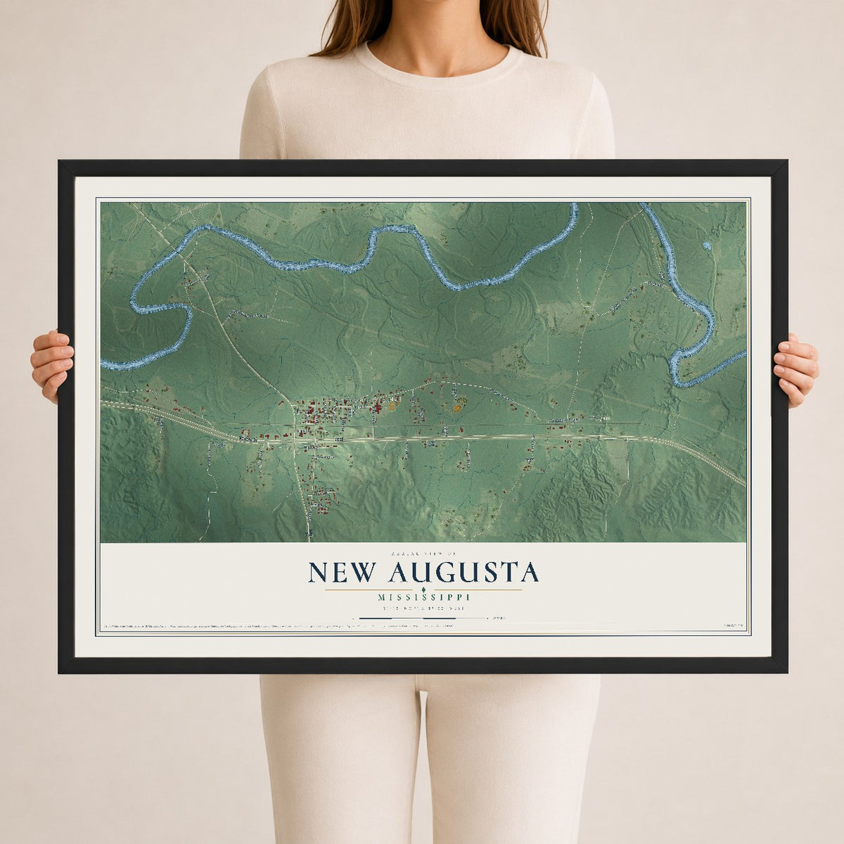 Map of New Augusta, Mississippi, 24 x 36 inch print in a black wood frame