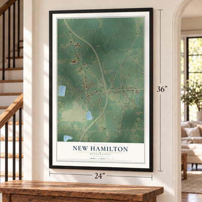 New Hamilton, Mississippi map, 24 x 36 inch print in a black frame by a staircase